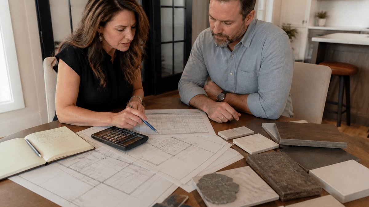 A builder and a homeowner reviewing floor plans and a cost worksheet on a table in a model home office, with tile and countertop finish samples nearby under warm lighting