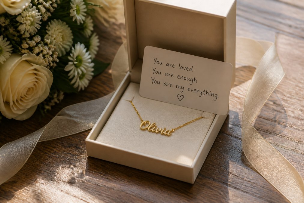 A beautifully wrapped custom jewelry gift box with a soft-touch finish, opened to reveal a personalized name necklace on a gift card with a handwritten message in natural lighting