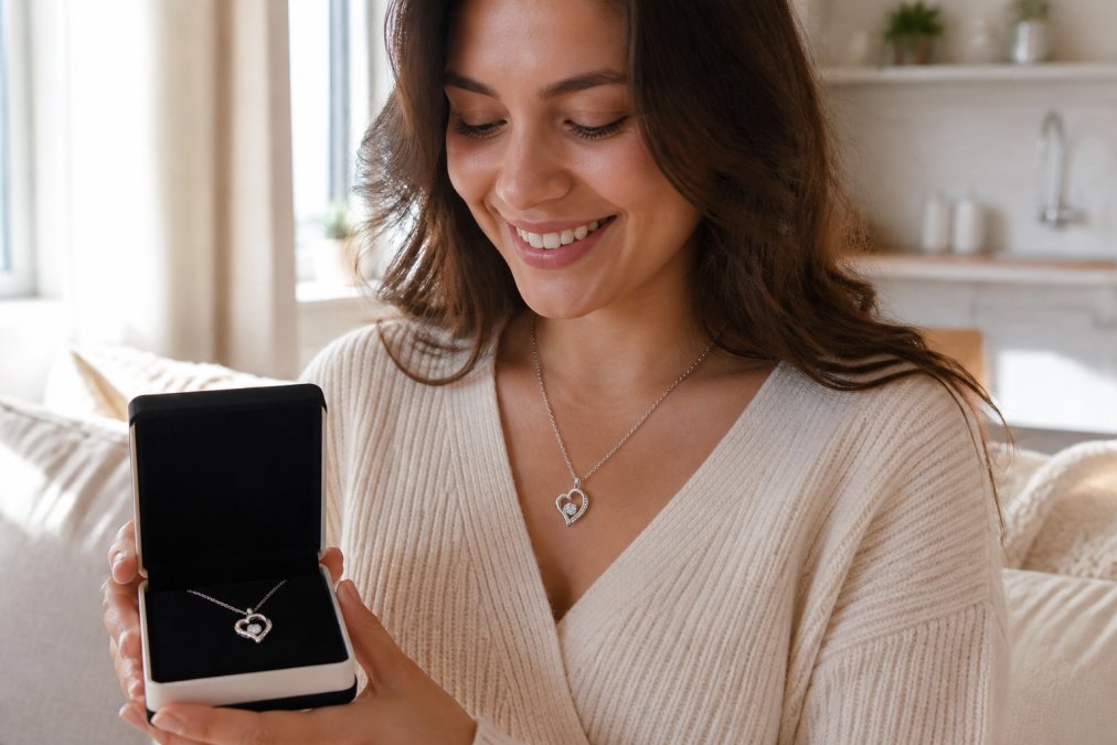 Woman wearing a custom name necklace, smiling while holding an open gift box with soft natural window lighting in a modern home setting
