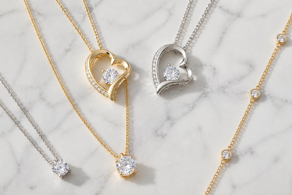 Flat lay of custom jewelry pieces including gold and silver necklaces with cubic zirconia stones and heart pendants arranged on a light marble surface with natural overhead lighting