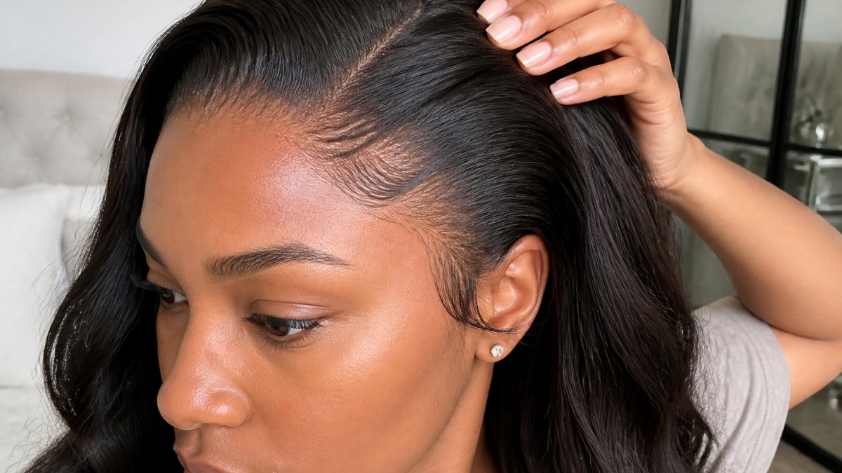Woman with natural-looking custom wig showing seamless HD lace hairline blending perfectly into scalp with realistic baby hairs visible