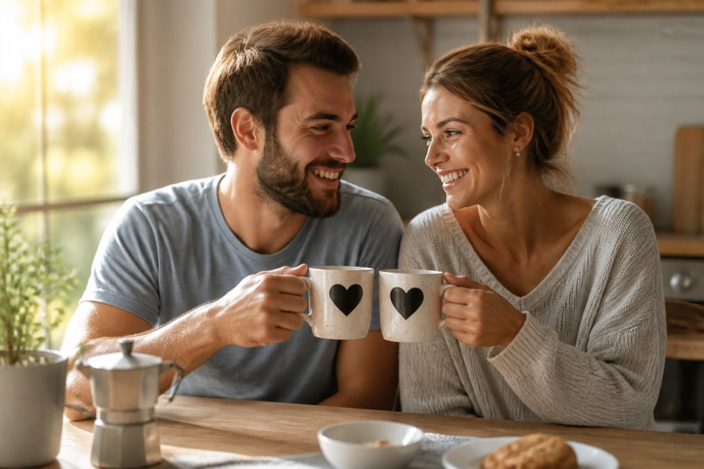 A couple sitting at a kitchen table holding matching ceramic mugs with custom printed designs, warm morning light through a window