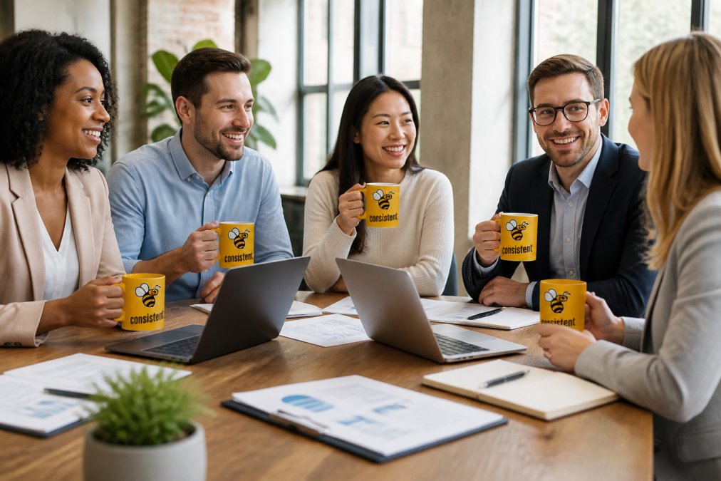 A diverse team of office workers gathered around a wooden conference table during a collaborative meeting, each holding the Be Consistent Team Building ceramic mug with glossy white finish, smiling and engaged with laptops and documents visible, natural office lighting from large windows