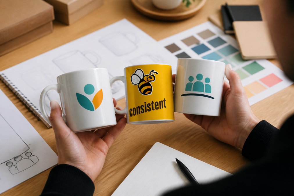 Close-up of hands holding three custom ceramic mugs with different company logos and team designs, arranged on a natural wood desk surface with design sketches, brand guidelines documents, and color swatches nearby, soft natural lighting