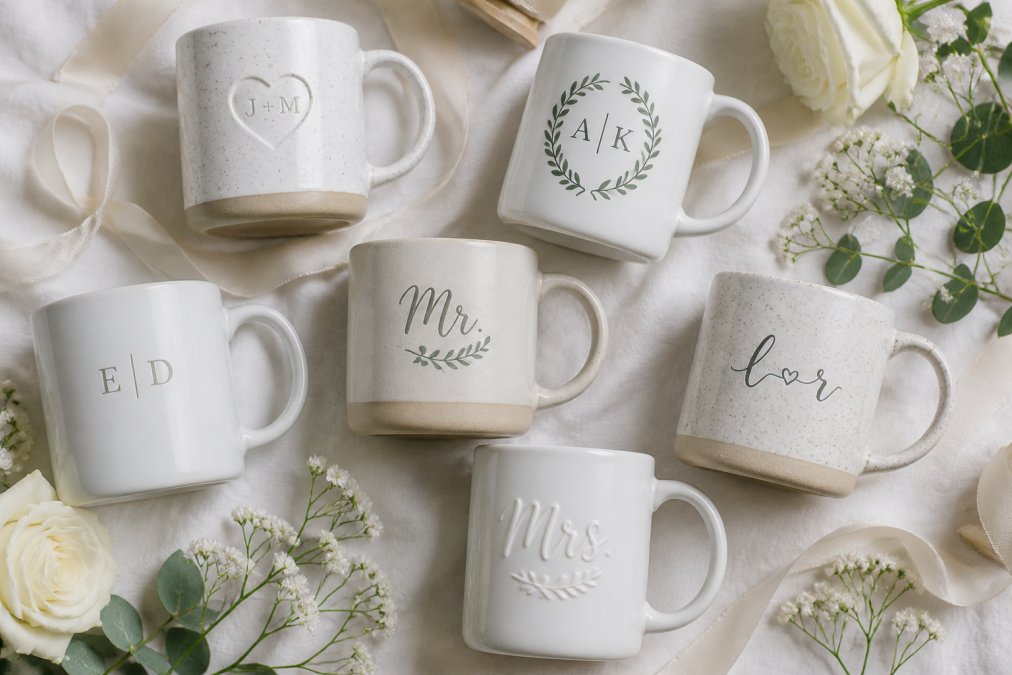 A flat-lay of several custom ceramic mugs with monograms and wedding dates printed on them, arranged on a white linen tablecloth with small floral accents and white ribbon, photographed from above in soft natural light