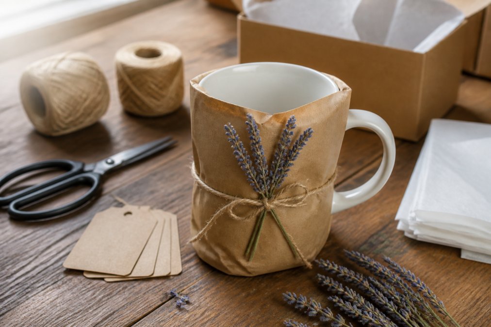 A close-up of a personalized ceramic mug wrapped in kraft paper and tied with natural twine, placed on a rustic wooden table alongside small gift tags, white tissue paper, and dried lavender flower decorations, photographed in warm afternoon light