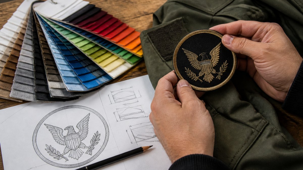 Close-up of hands holding a finished embroidered uniform patch beside a uniform sleeve, with a thread color swatch fan and a pencil design sketch on a wooden workbench