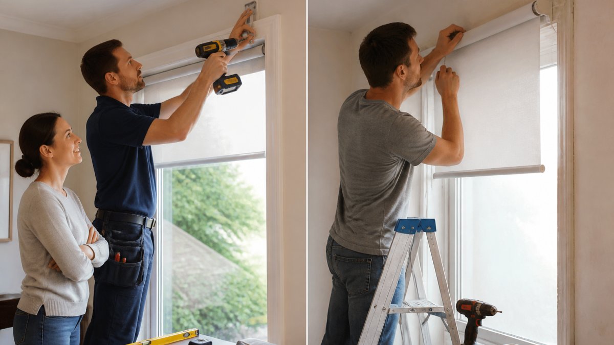 Professional installer mounting a roller shade as a custom shade company expert assists a happy homeowner