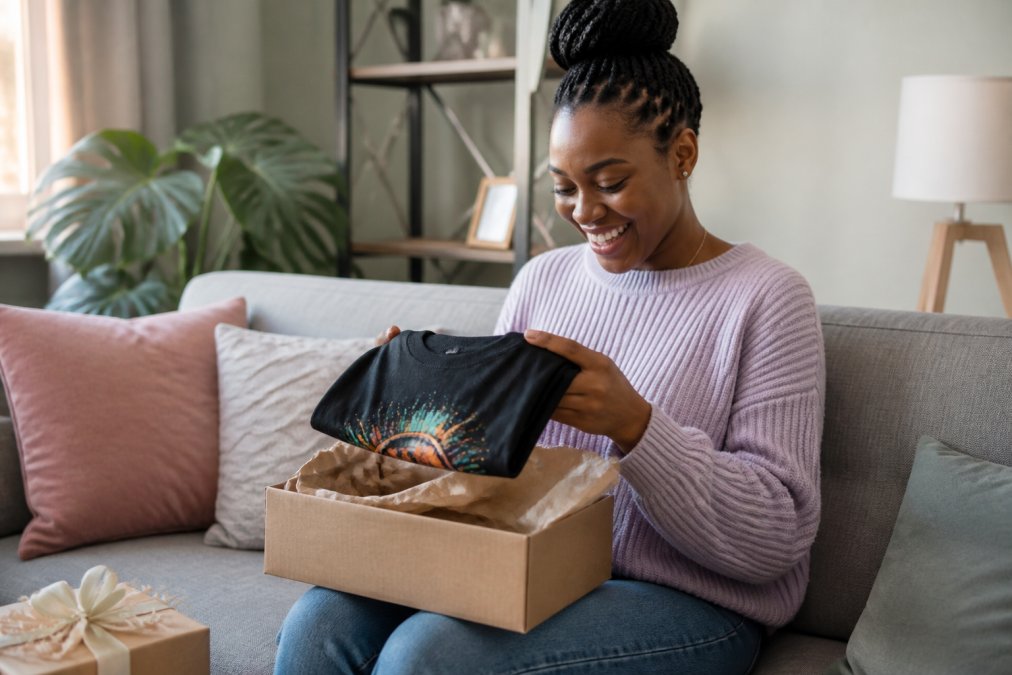 A happy person unwrapping a folded custom t-shirt from a gift box, with the shirt's unique print partially visible, in a cozy living room setting