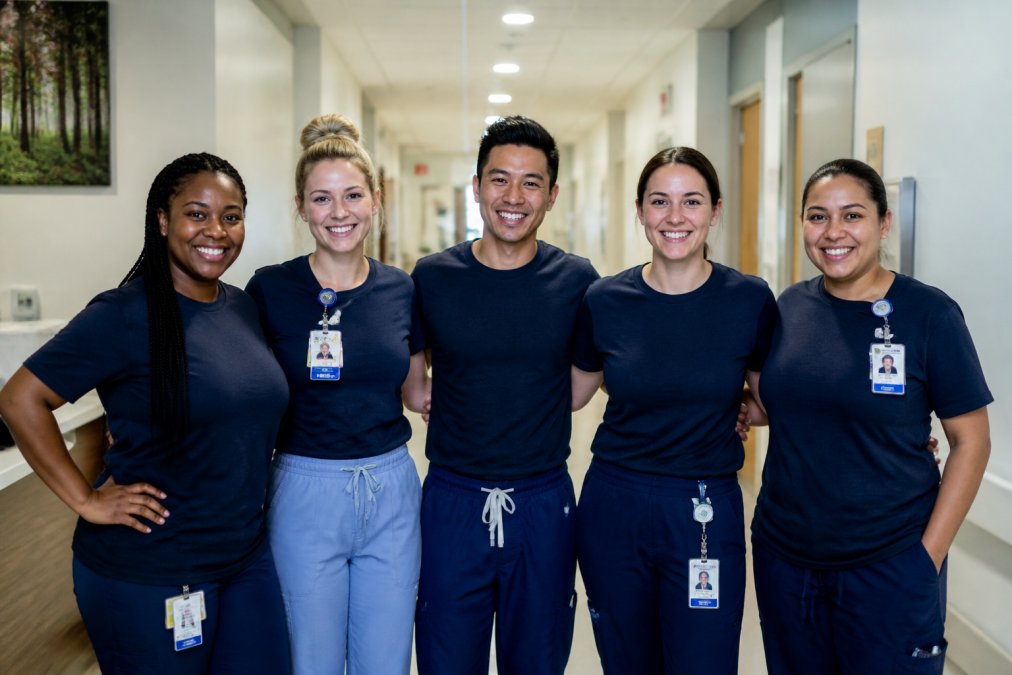 A diverse group of healthcare workers wearing matching custom nursing squad shirts in a hospital hallway, smiling and standing together as a team with natural lighting