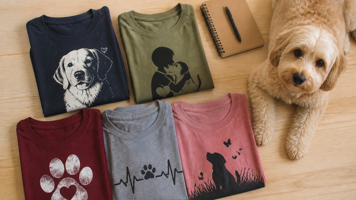 Flat lay of five folded graphic tees in different colors on a light wood table, with a small dog resting beside them and a notebook and pen nearby