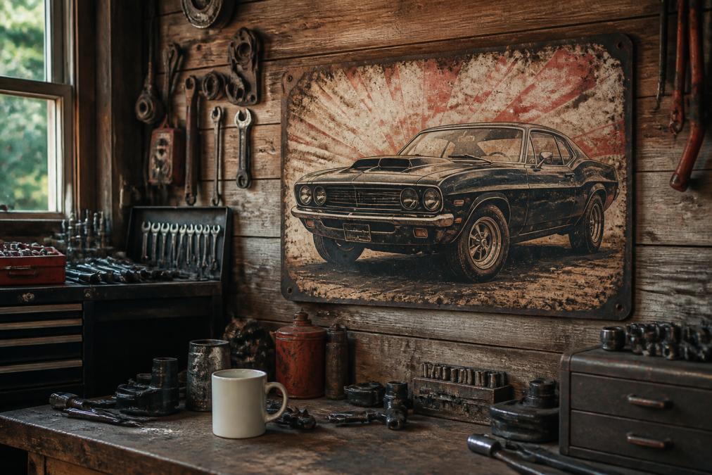 A rustic garage wall with a vintage-style metal sign featuring a classic muscle car and distressed typography, mounted above a workbench with tools and a coffee mug nearby