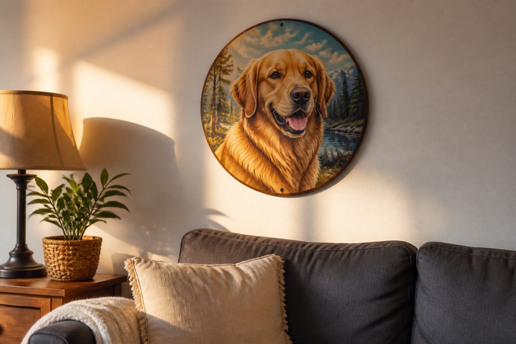 A personalized pet portrait sign displayed on a living room wall above a couch, showing a custom illustration of a golden retriever with warm afternoon lighting highlighting the handcrafted aluminum details and vibrant colors