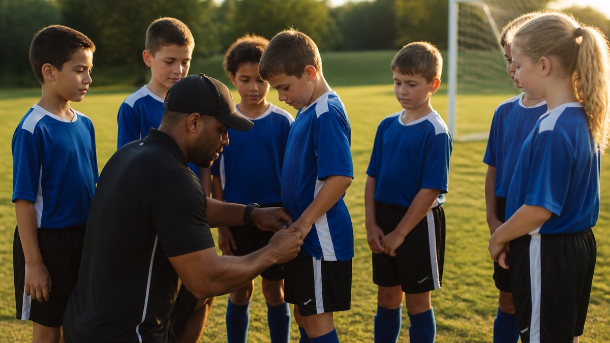 A youth soccer team wearing matching custom uniforms, standing together on a field before a game, with a coach adjusting a player's jersey in late afternoon sunlight