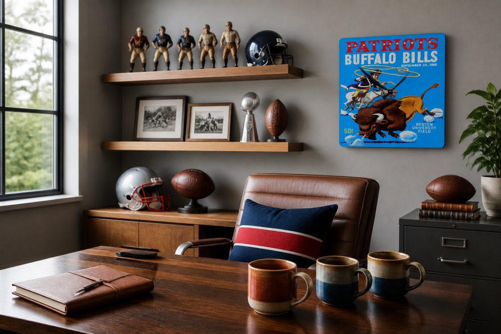 Well-organized professional office featuring vintage football memorabilia displayed on floating shelves, a retro 1960s sports wall clock, team-colored accent pillows on a modern office chair, and handcrafted ceramic mugs arranged on a wooden desk, with warm natural lighting from office windows and neutral gray walls