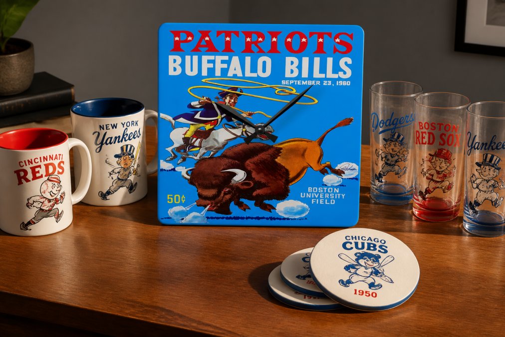Styled flat-lay arrangement on wooden desk surface showing a vintage 1960 Patriots-Bills acrylic wall clock, ceramic mugs featuring 1950s baseball teams, 1950 Chicago Cubs coasters, and 1959 mixing glasses with retro team designs, arranged with warm afternoon lighting casting soft shadows
