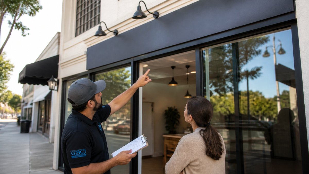 Business owner and contractor discussing new storefront signage on a sidewalk