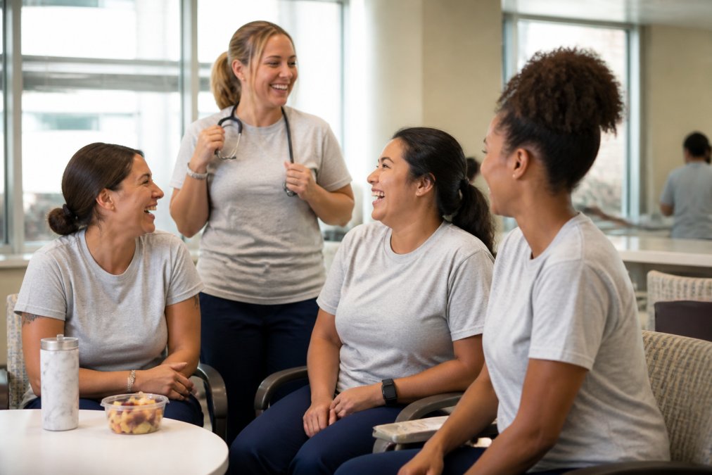 A group of diverse nurses wearing soft cotton t-shirts, laughing together in a bright hospital break room, with one holding a stethoscope