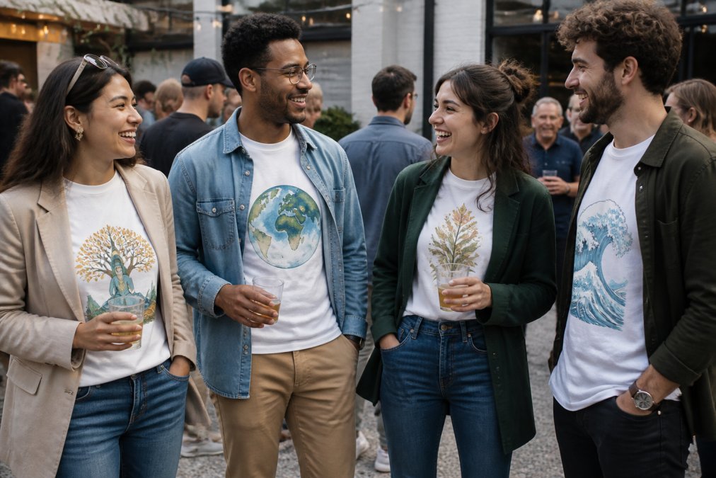 Diverse group of people wearing custom graphic tees at a casual social gathering, smiling and engaged in conversation, showing different styling approaches with jeans, casual blazers, and layered outfits