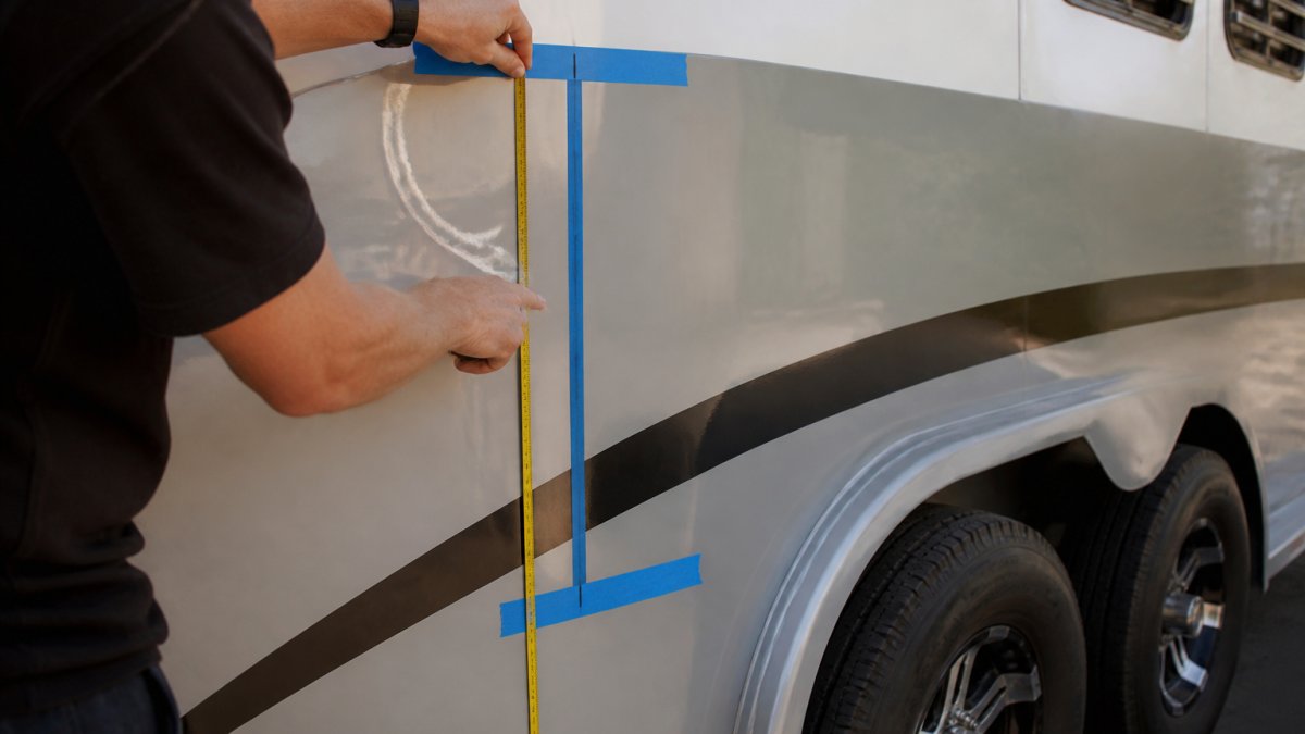 Diagram illustrating the process of measuring curved surfaces on a trailer side panel for precise decal application