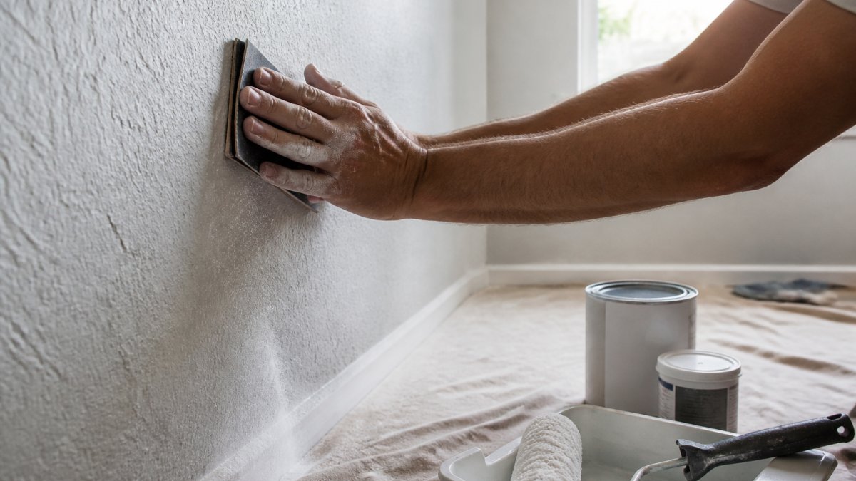Close-up of hands sanding a textured wall with sandpaper, dust visible, paint can and primer nearby in a bright room