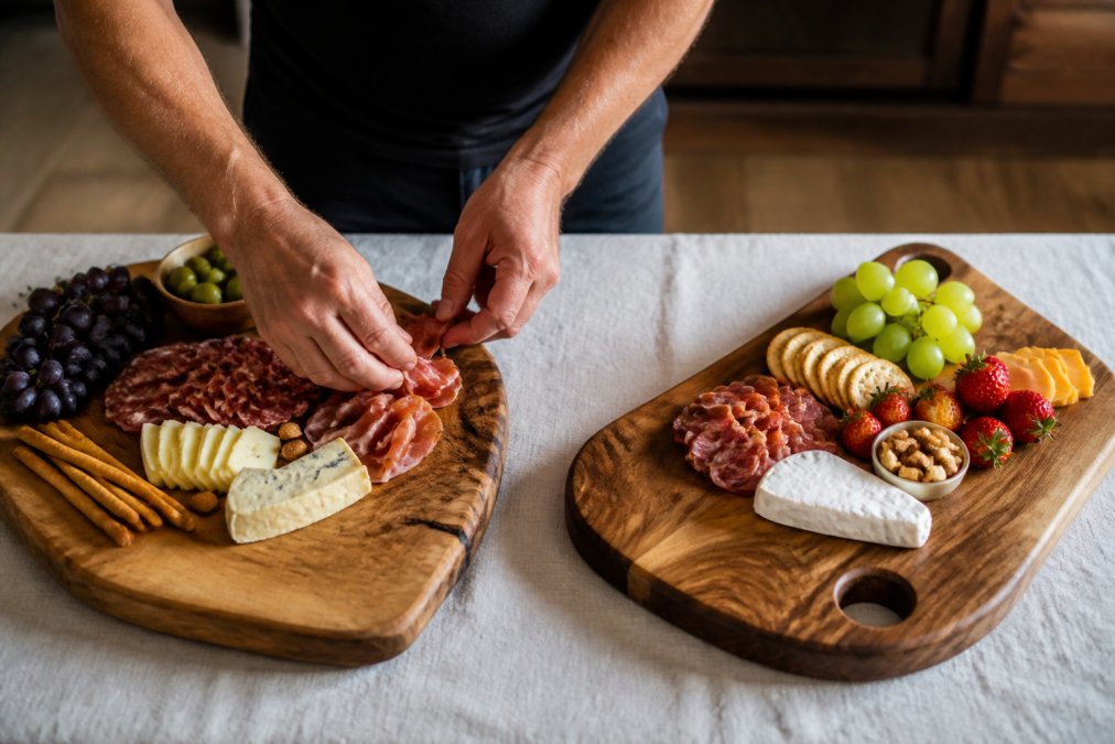 Close-up of artisan hands placing carefully arranged charcuterie items on a handcrafted wooden board with visible natural wood grain patterns and subtle grain variations in warm studio lighting