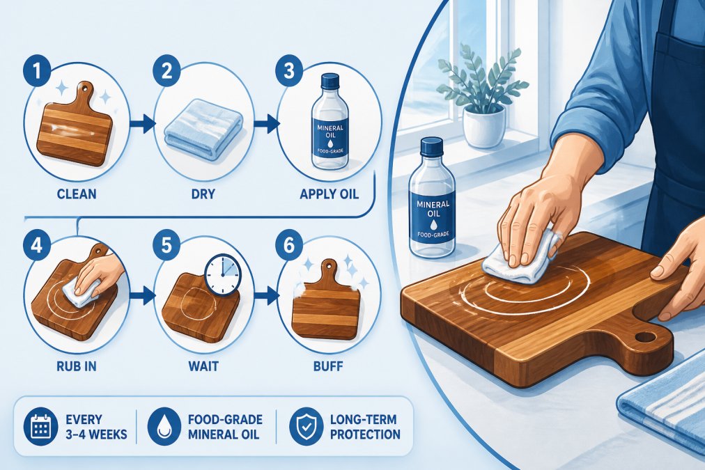 Hands carefully applying food-grade mineral oil to a wooden board with a soft cloth in circular motions, showing the maintenance process with warm natural lighting from a kitchen window