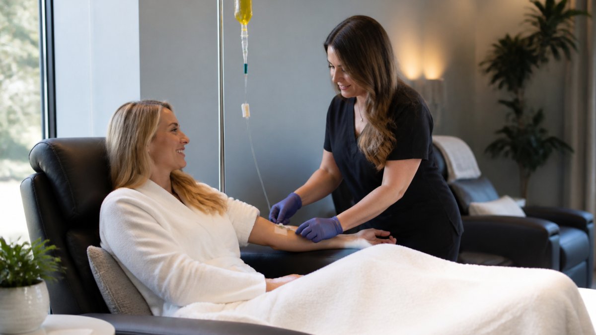 A calm, modern IV therapy treatment room with a patient relaxing in a comfortable recliner while a nurse in professional attire checks the IV line, warm natural lighting, clean clinical yet welcoming environment