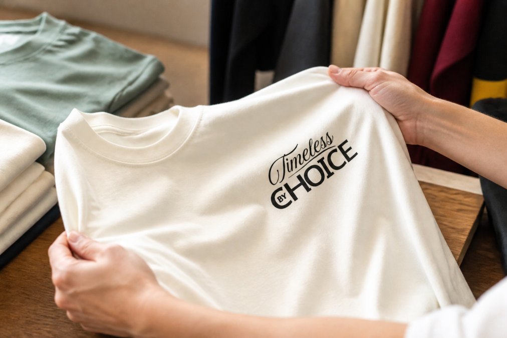 Close-up of hands holding and examining a high-quality graphic t-shirt with vibrant print details, showing fabric texture and print durability