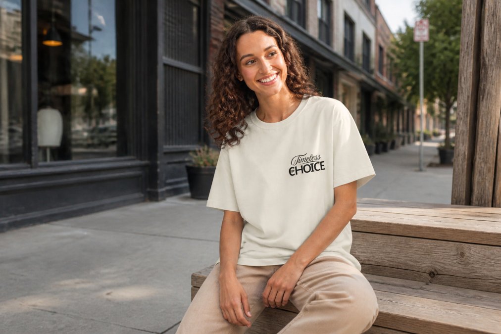 Person wearing a custom graphic tee in a casual setting, showcasing the fit, comfort, and print quality of professionally made apparel