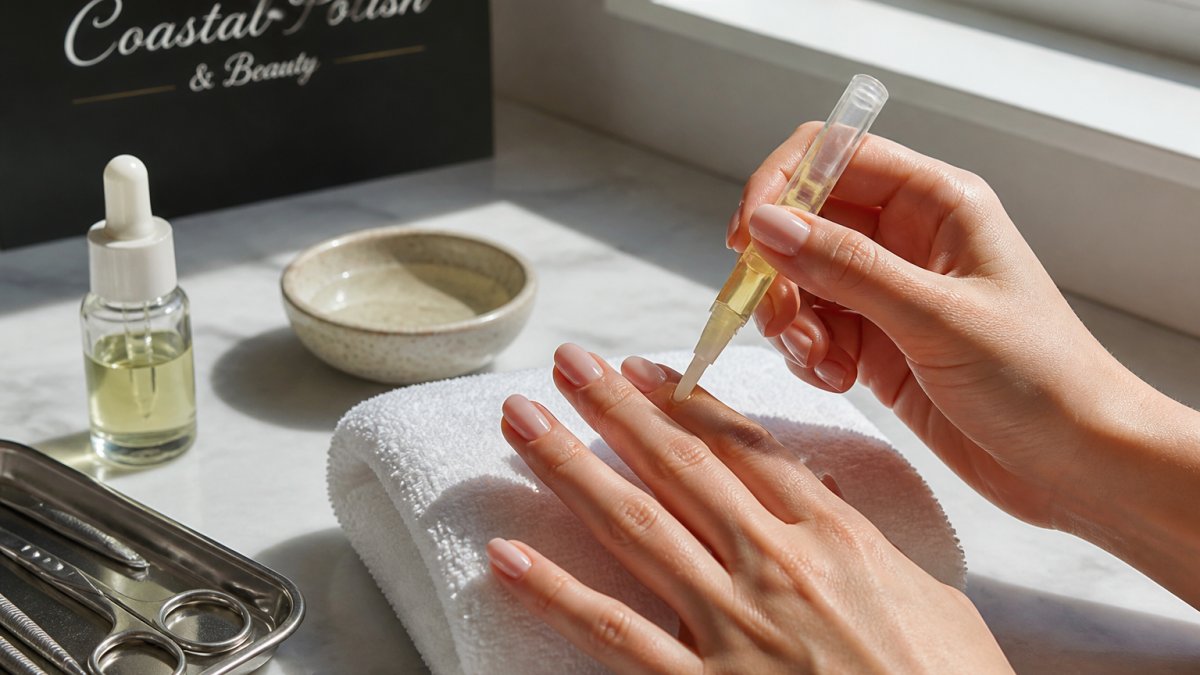 Close-up of hands with fresh gel manicure, someone applying cuticle oil with a precision pen applicator to the nail edges and cuticle line, natural daylight from a window