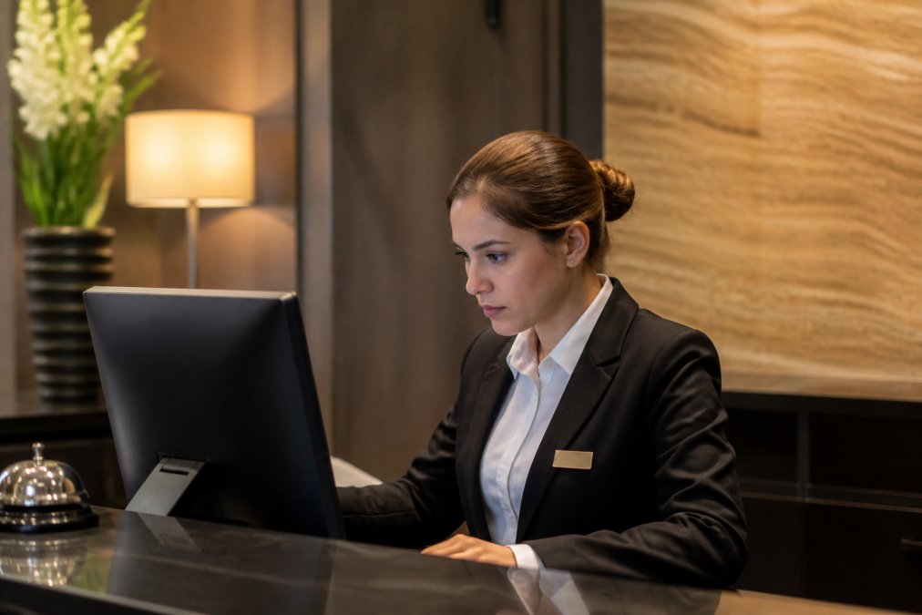 Hotel front desk staff member working at computer terminal, reviewing guest reservation and payment information with focused concentration