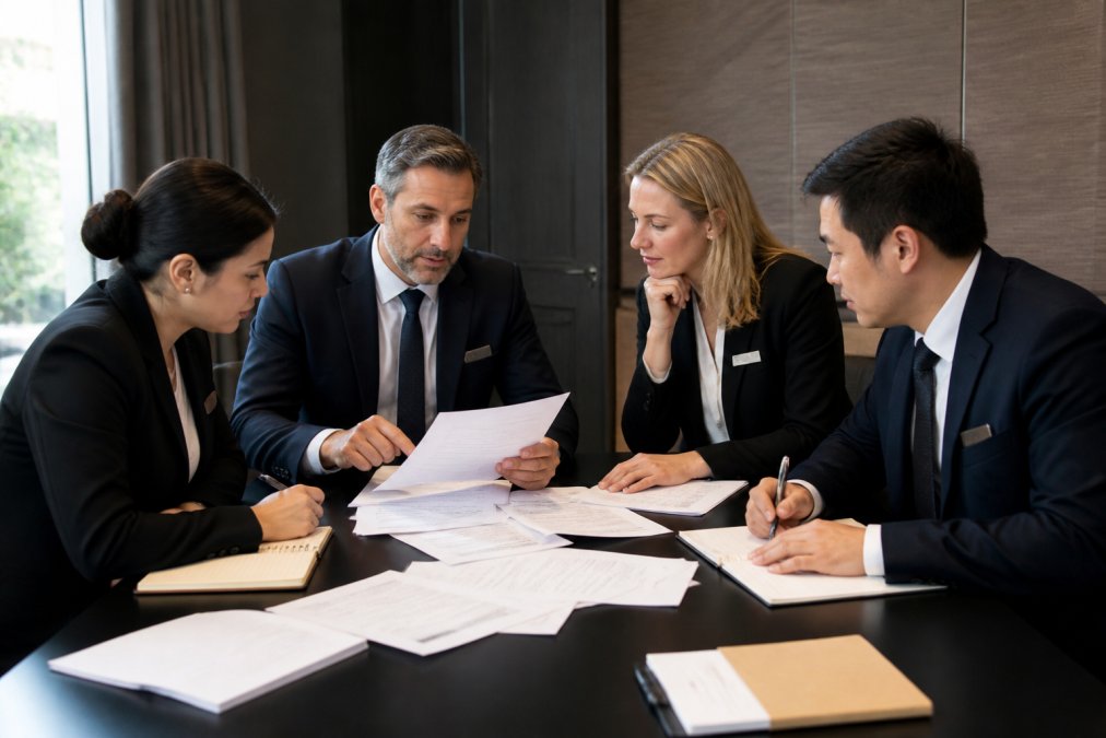 Hotel management team in conference room reviewing incident response plan documents and security protocols, with materials spread across table and focused discussion
