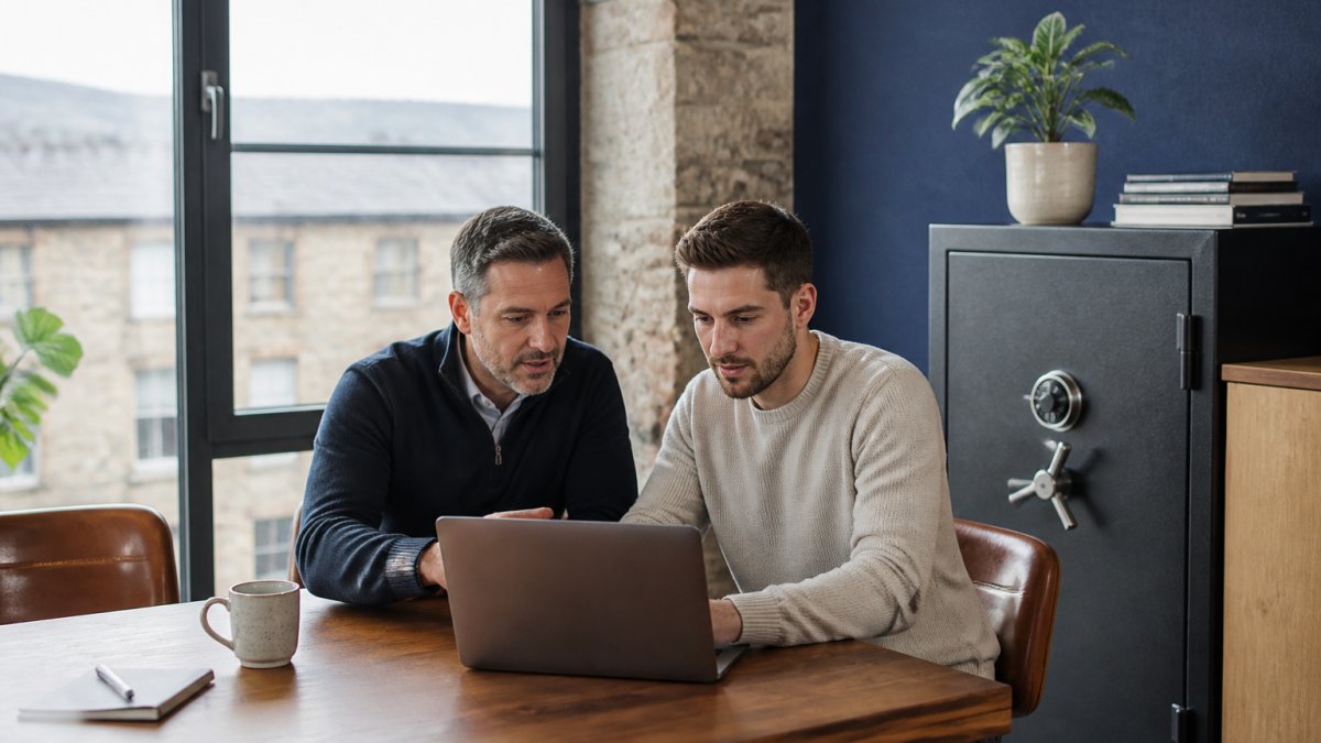 A small business owner and an IT consultant reviewing a security risk checklist on a laptop in a bright, modern Yorkshire office, morning light through the window