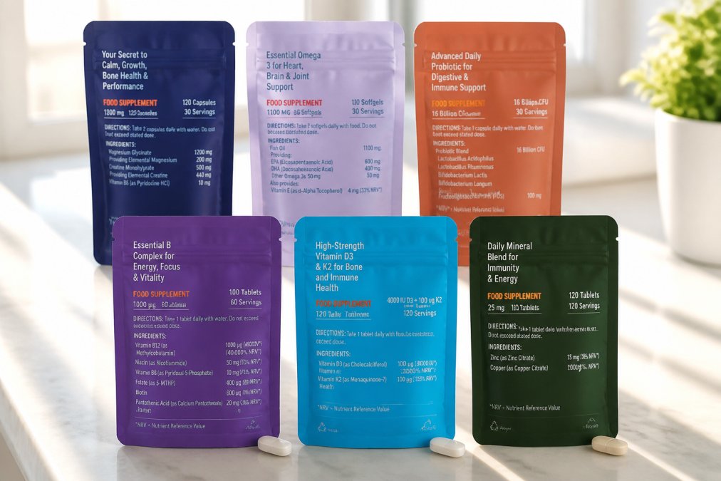 Close-up of supplement bottles with clear, readable labels showing ingredient lists and dosing information in milligrams, arranged on a bright white surface with natural morning sunlight streaming across