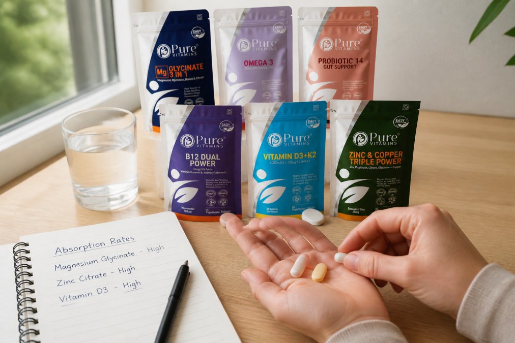 Hands holding different mineral supplement tablets and capsules, magnesium glycinate, zinc citrate, and vitamin D3, with a reference notebook showing absorption rates nearby, photographed in natural daylight near a window