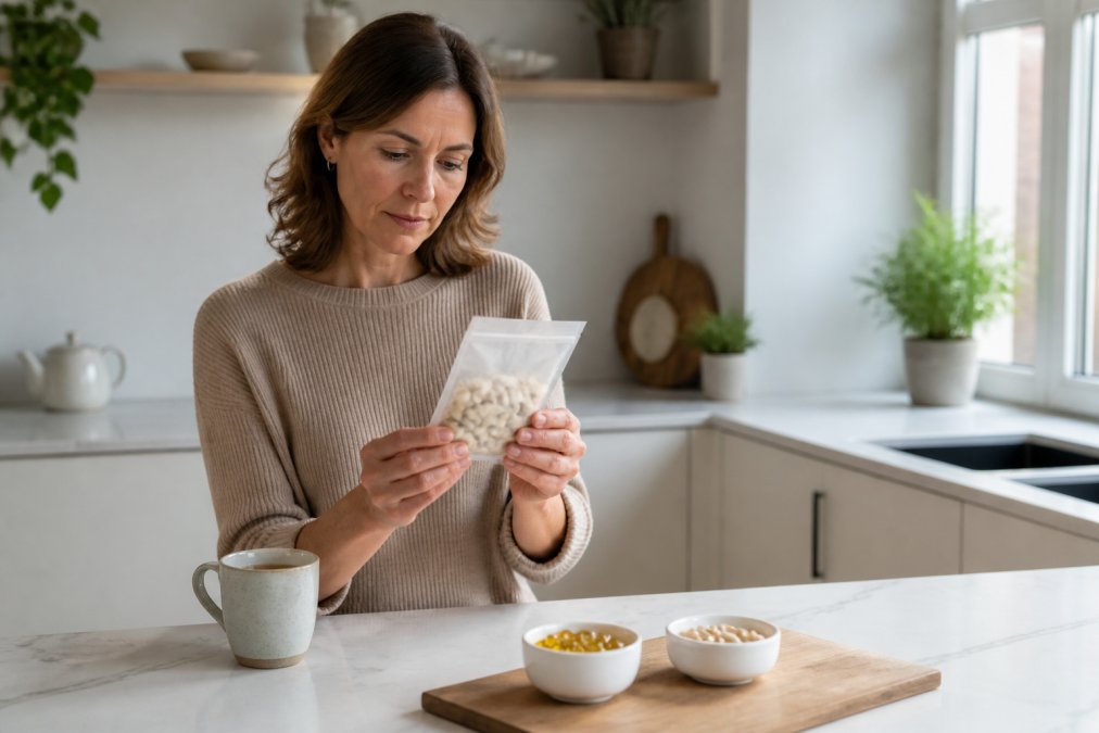 A woman in her forties in a bright kitchen holding a clear supplement pouch, reading the label with a mug of tea beside her on the counter