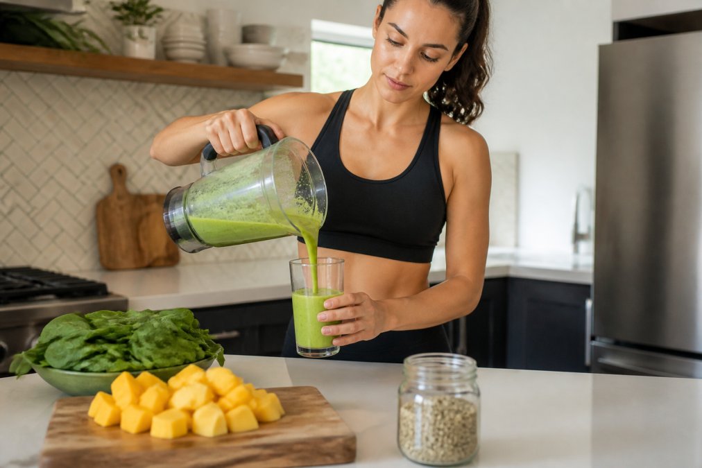 Woman in athletic wear pouring a thick, creamy dairy free smoothie into a glass with fresh spinach and mango.