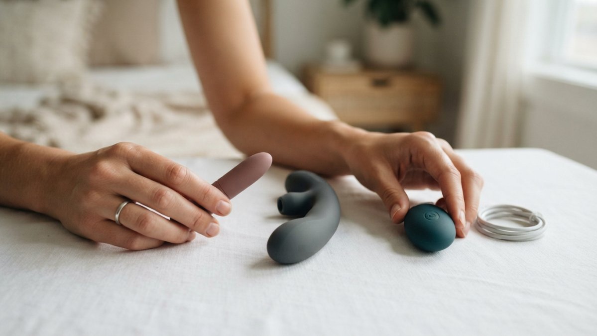 Close-up of hands holding and examining three different vibrator sizes and shapes on a white surface, showing scale and variety in design
