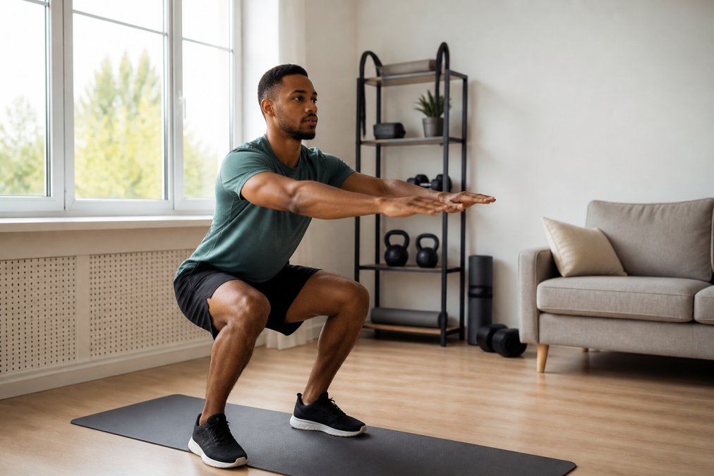 Young professional in casual activewear performing a bodyweight exercise in a bright home gym space with natural window lighting