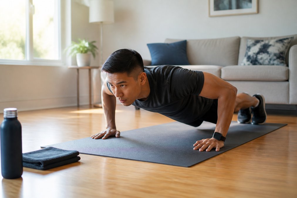 Focused individual in casual workout clothing performing a push-up in a compact home space with natural morning light streaming through a window
