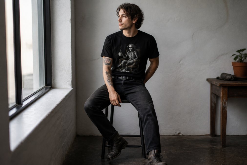 Young adult wearing a dark humor graphic tee styled with vintage black jeans and worn leather boots, posed confidently in natural window lighting with neutral background