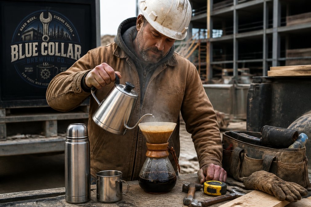 Construction worker pouring hot water over dark roast coffee in a pour-over dripper on a job site tailgate