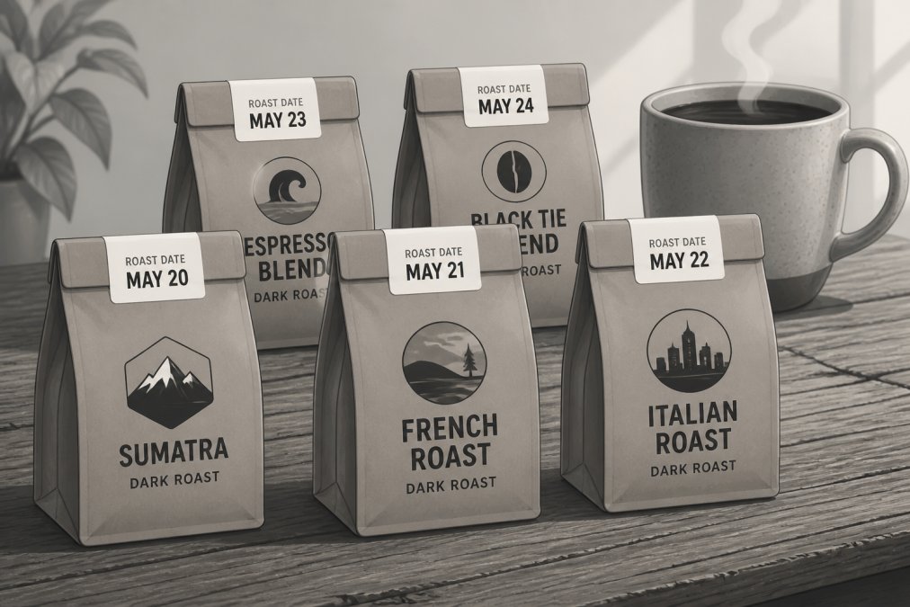 Close-up of several small kraft paper coffee bags with visible roast date labels arranged on a worn wooden table, with a steaming ceramic mug of dark coffee in the soft background lighting