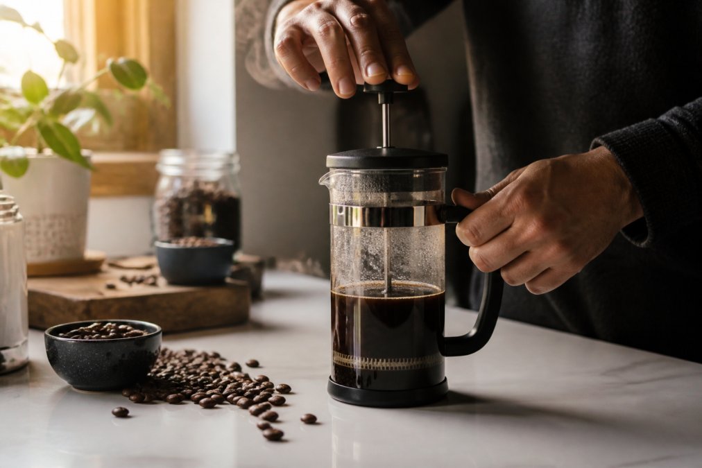 A person's hands pressing down the plunger of a French press filled with dark coffee, steam rising from the carafe, whole dark roast beans scattered on the white kitchen counter beside it, warm natural morning light