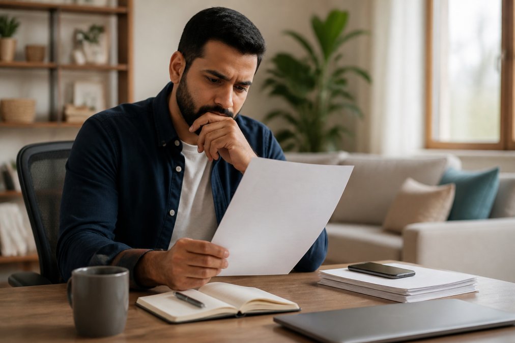 Data professional reviewing a resume at a home office desk to compare data expert alternatives for career coaching.