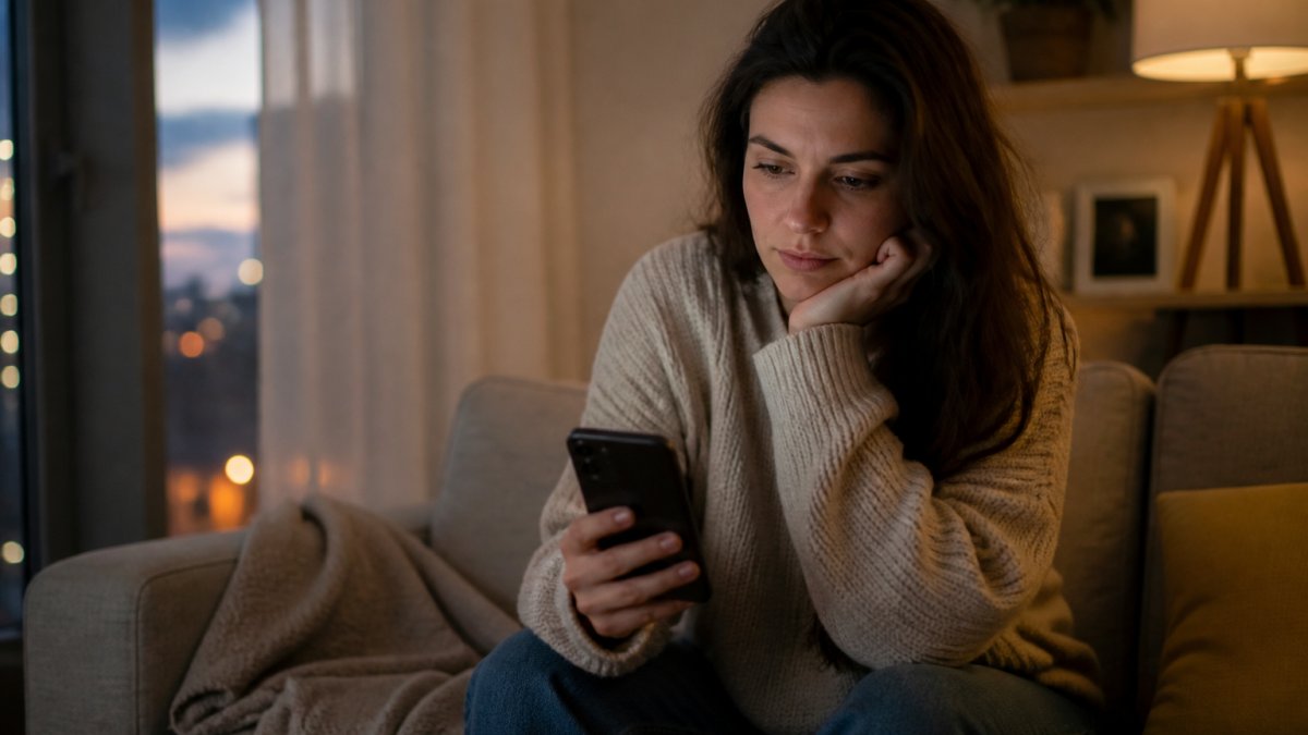 Woman sitting on a sofa looking frustrated at her smartphone while searching for the best dating sites for long term