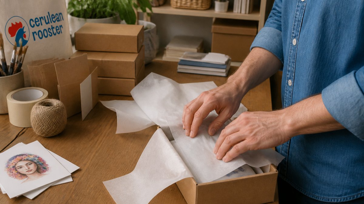 Close-up of hands carefully packing a handmade order in a small studio space, with tissue paper, branded packaging, and art pieces visible on the workbench, showing personal attention to detail