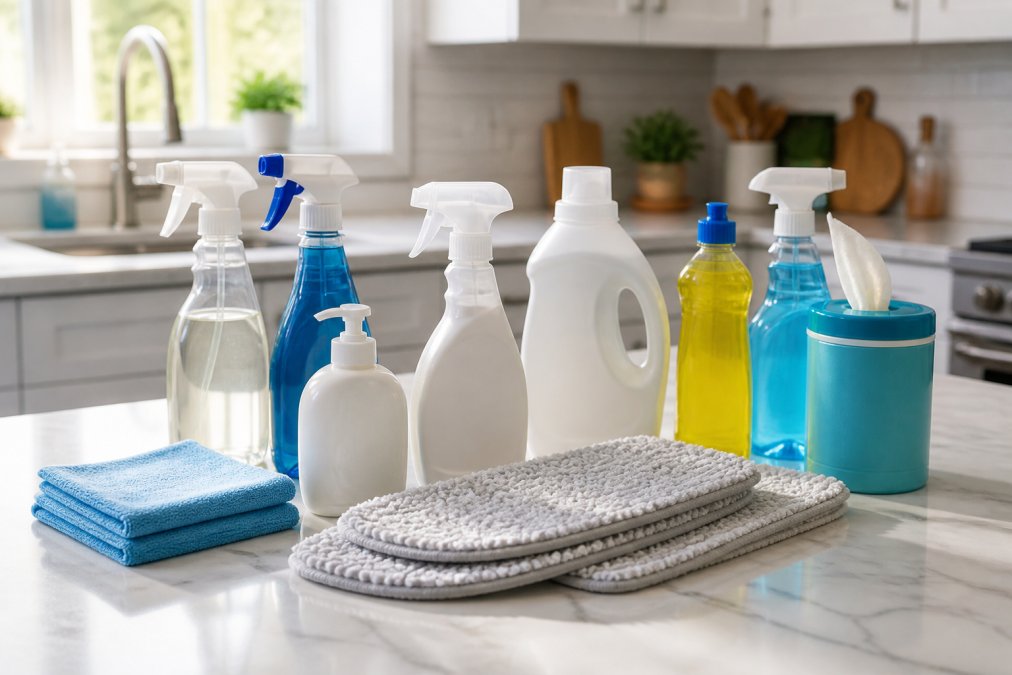 Organized collection of cleaning product bottles, spray bottles, disinfectant wipes, and microfiber mop pads arranged neatly on a bright kitchen counter with natural morning light