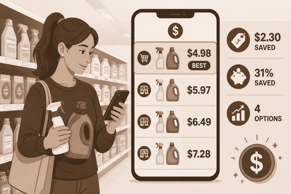 Person comparing prices on a smartphone while holding cleaning product bottles in a bright store aisle, with shelves of household cleaning supplies visible in soft overhead lighting